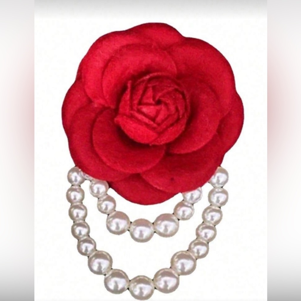 NWT Elegant Women Red Camelia Flower Faux Pearl Tassel Brooch Pin,